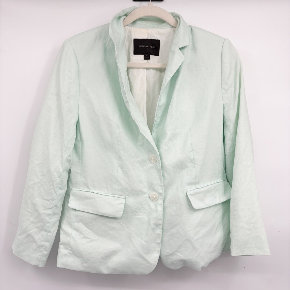 Banana Republic Women Mint Green 100% Linen Two Button Coastal Preppy Blazer 6